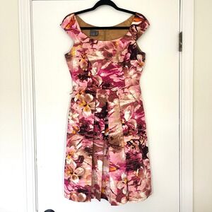Muse Floral Print Pleated Fit & Flare Dress‎ Pink Brown Women's Size 8